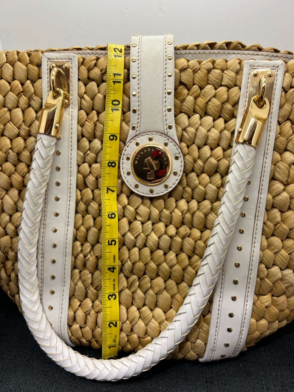 Michael Kors Santorini Woven Straw Tote Ivory Leather Trim Large Bag - Picture 11 of 11